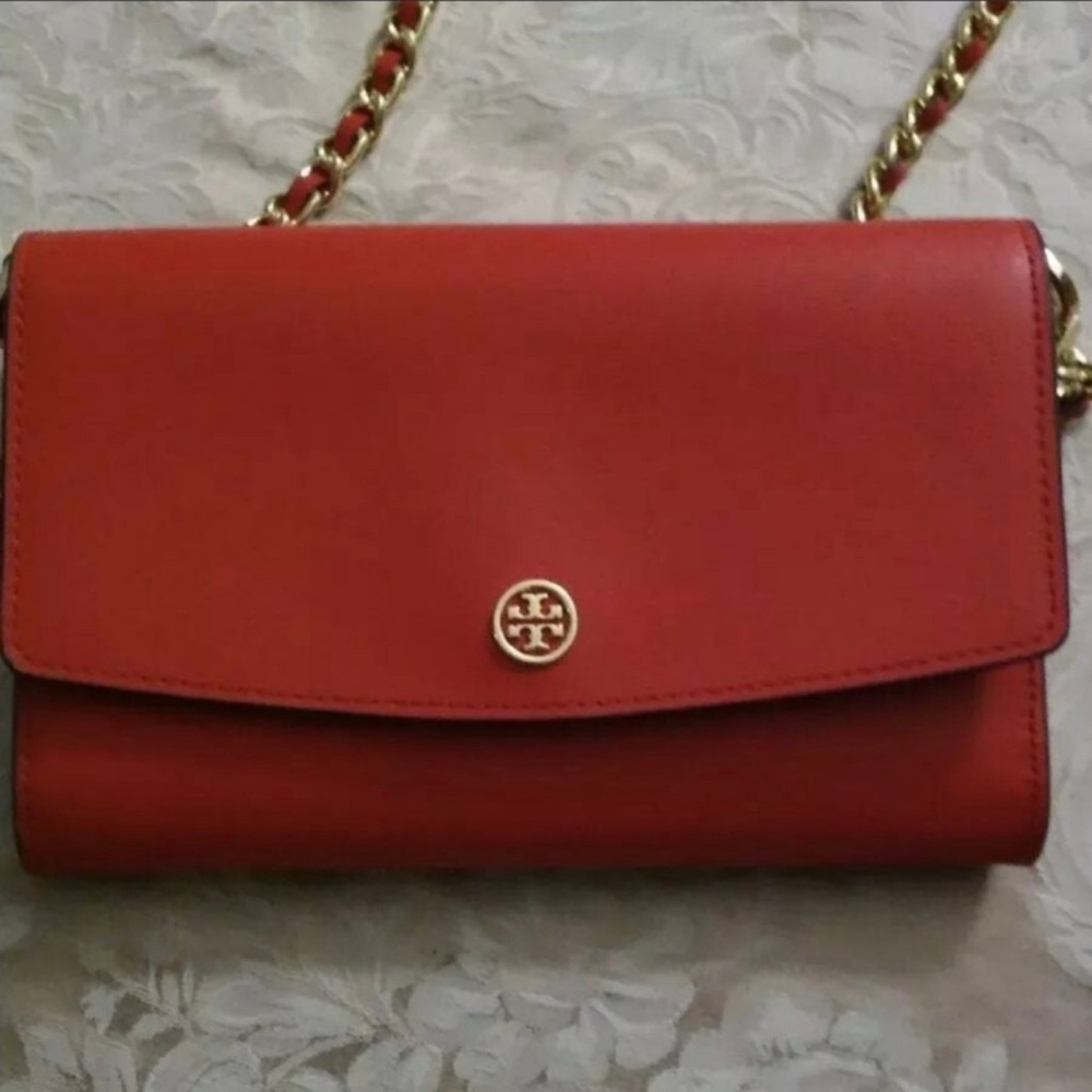 Tory Burch Orange Leather Clutch with Gold Chain